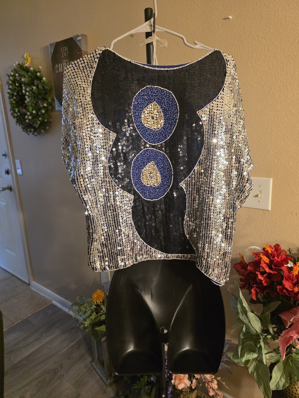 Sequin Embellished Short Sleeve Top - Silver & Navy